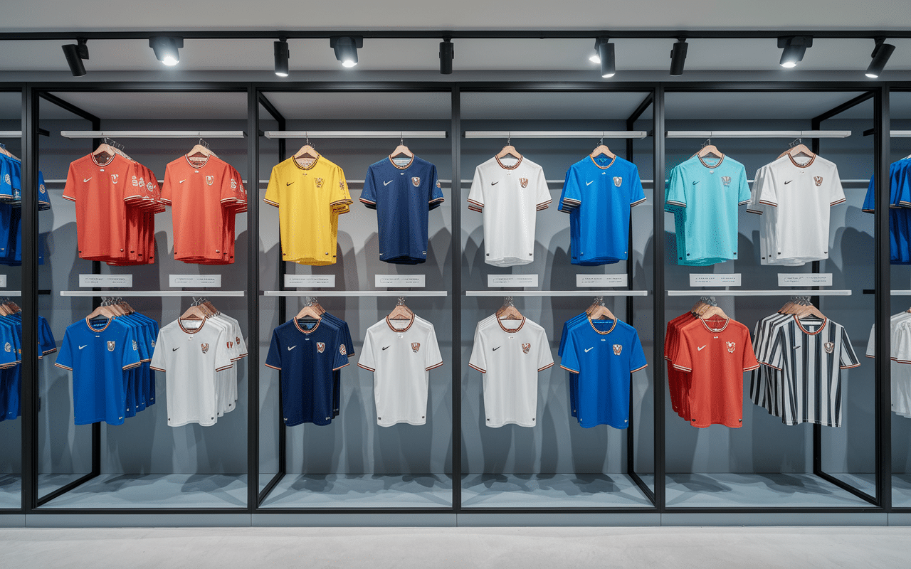 Vitrine de maillots de football variés