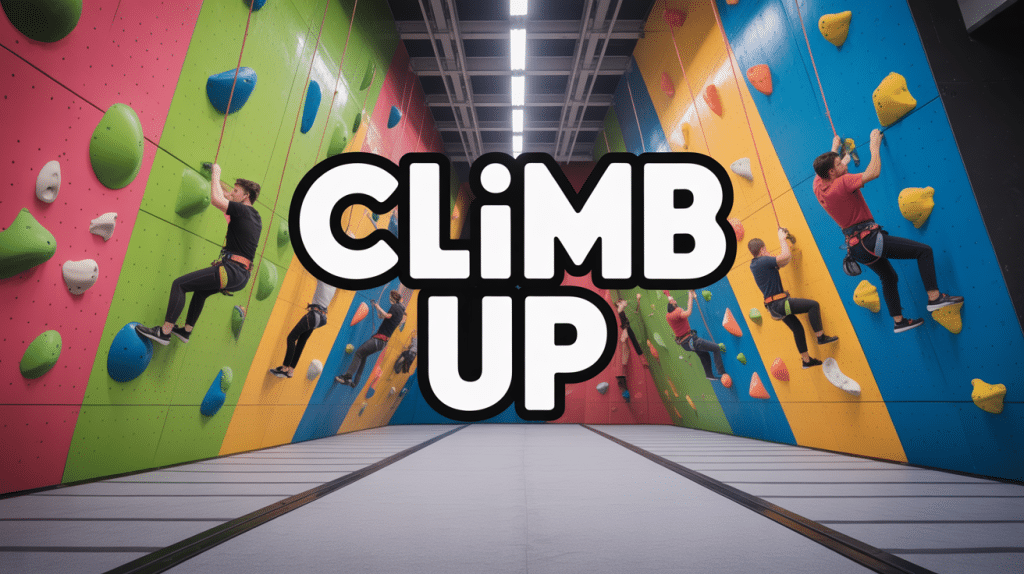 Salle escalade climb up avec murs colorés et grimpeurs
