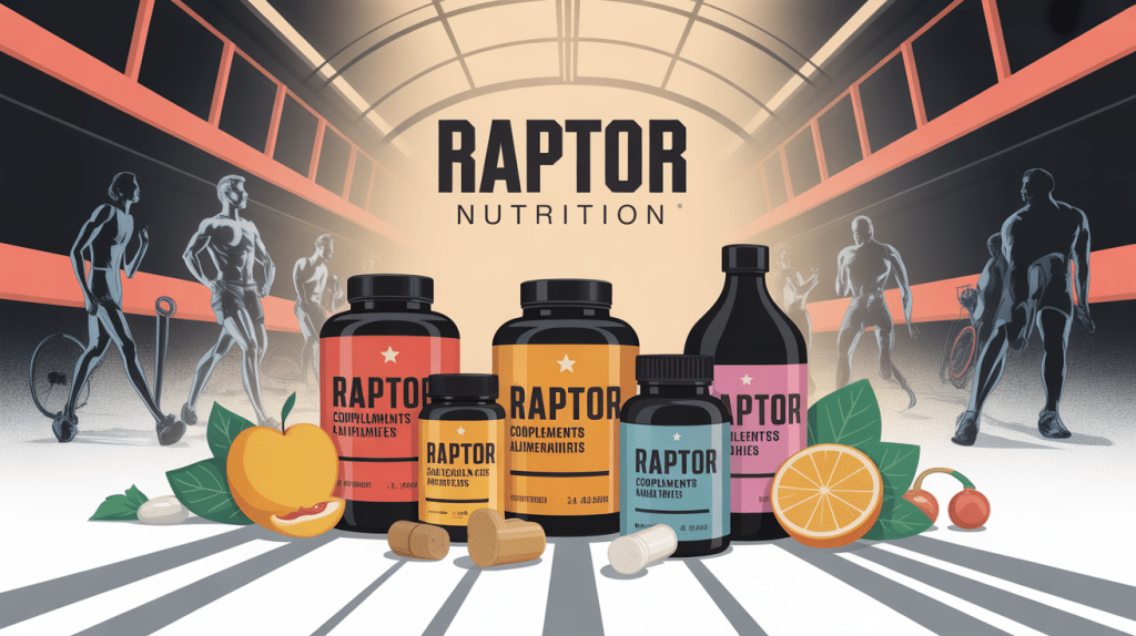 bocaux et flacons de compléments raptor nutrition avec éléments sportifs