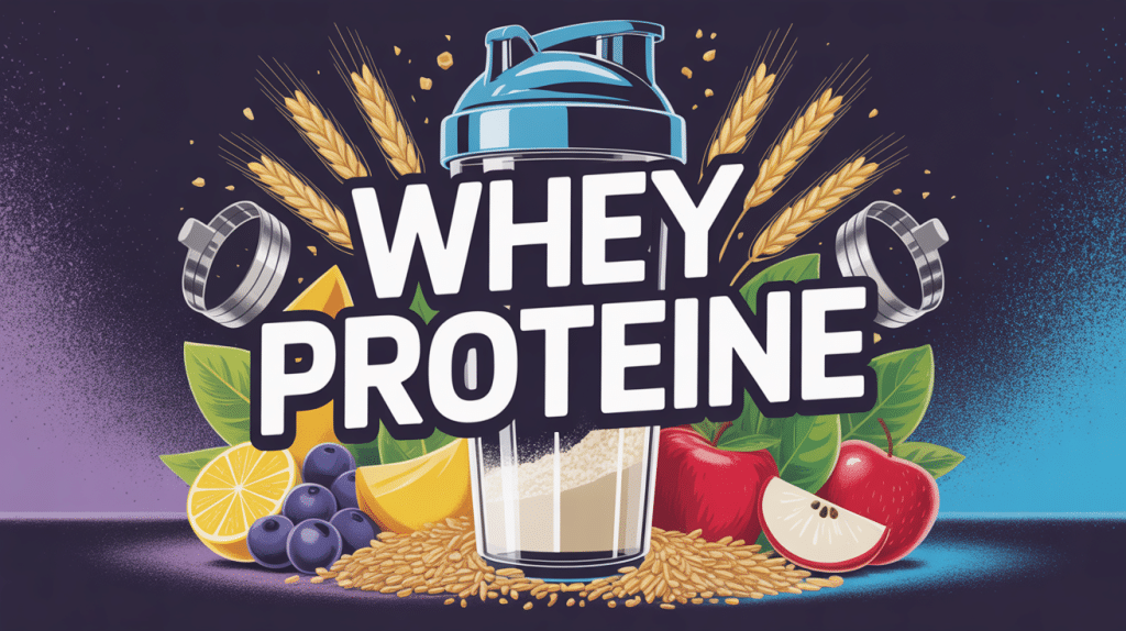 Shaker transparent avec poudre de whey proteine entouré de fruits et haltères