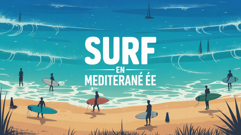 plage surf mediterranee avec vagues turquoise et surfeurs