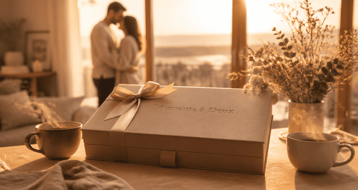 coffret cadeau couple élégant sur table ambiance intime