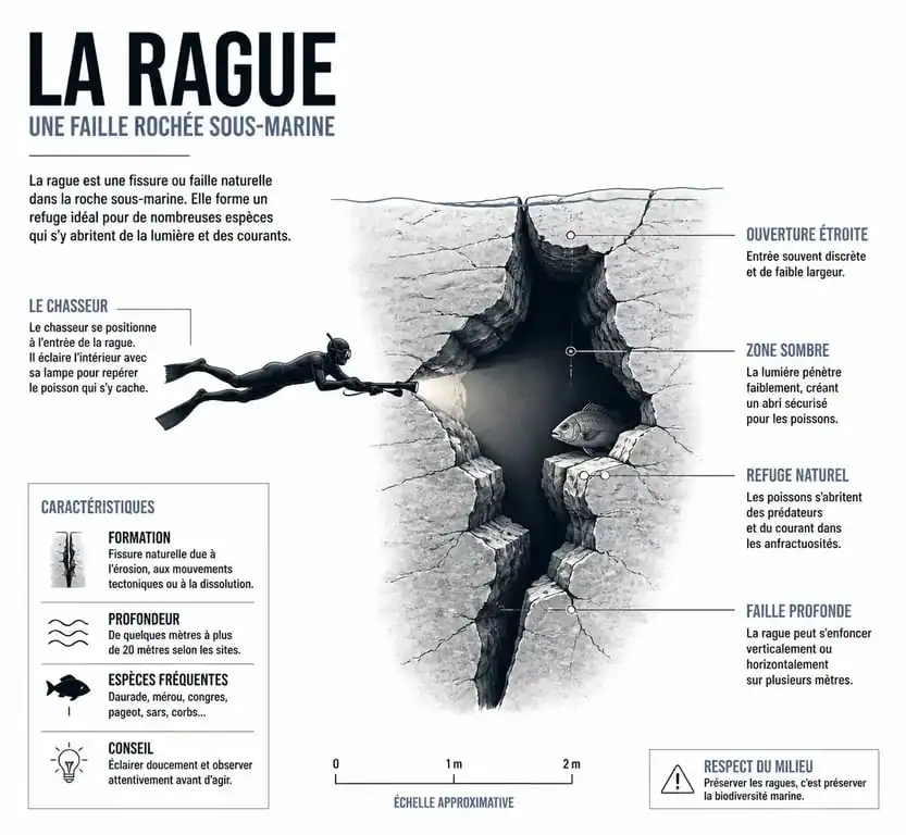 Schéma explicatif de la technique de chasse sous-marine en rague et du déraguage
