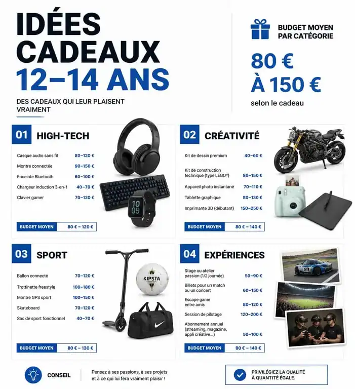 Infographie des meilleures idées de cadeau garçon 12-14 ans par catégorie et budget