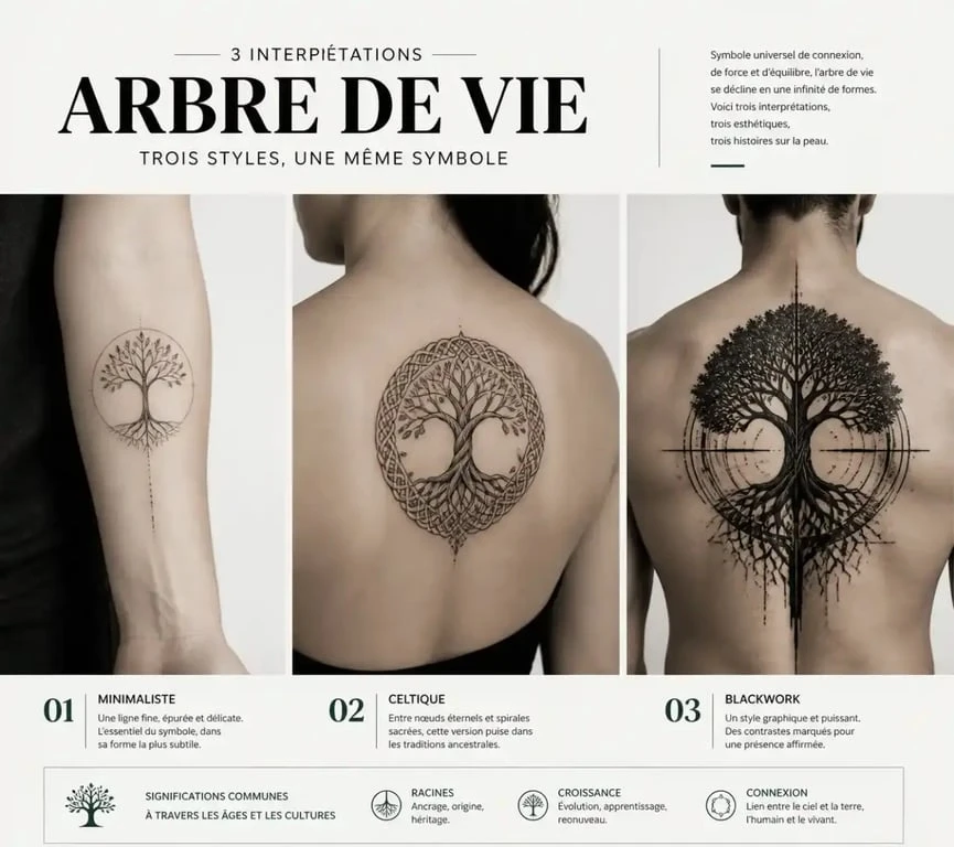 Tatouage arbre de vie : trois idées de styles minimaliste, celtique et blackwork sur peau humaine