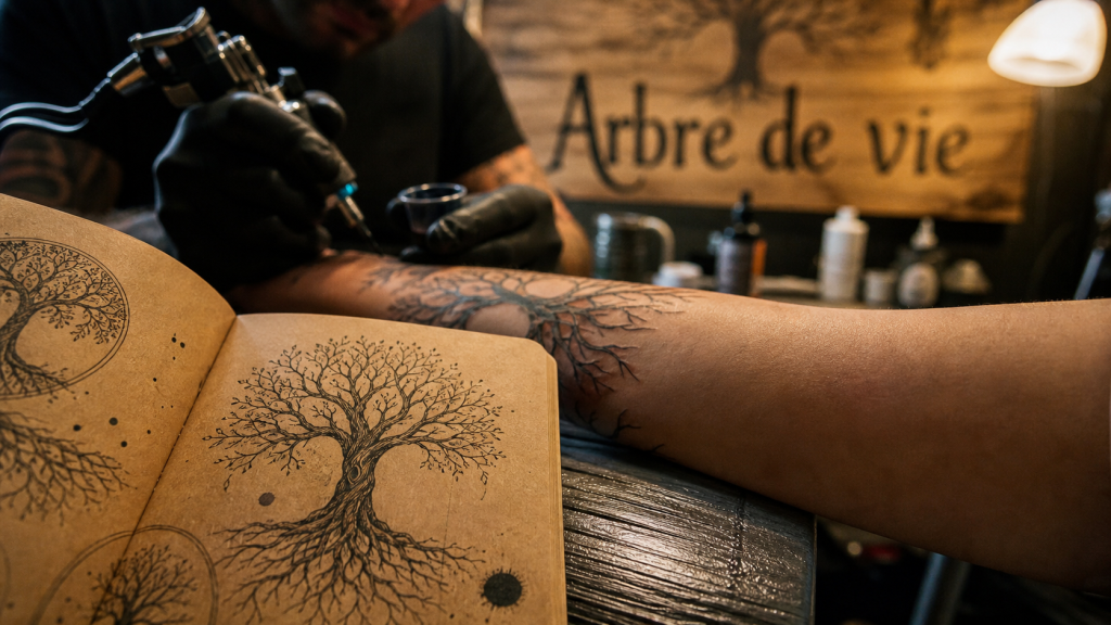 Tatouage arbre de vie : tatoueur et croquis en cabine