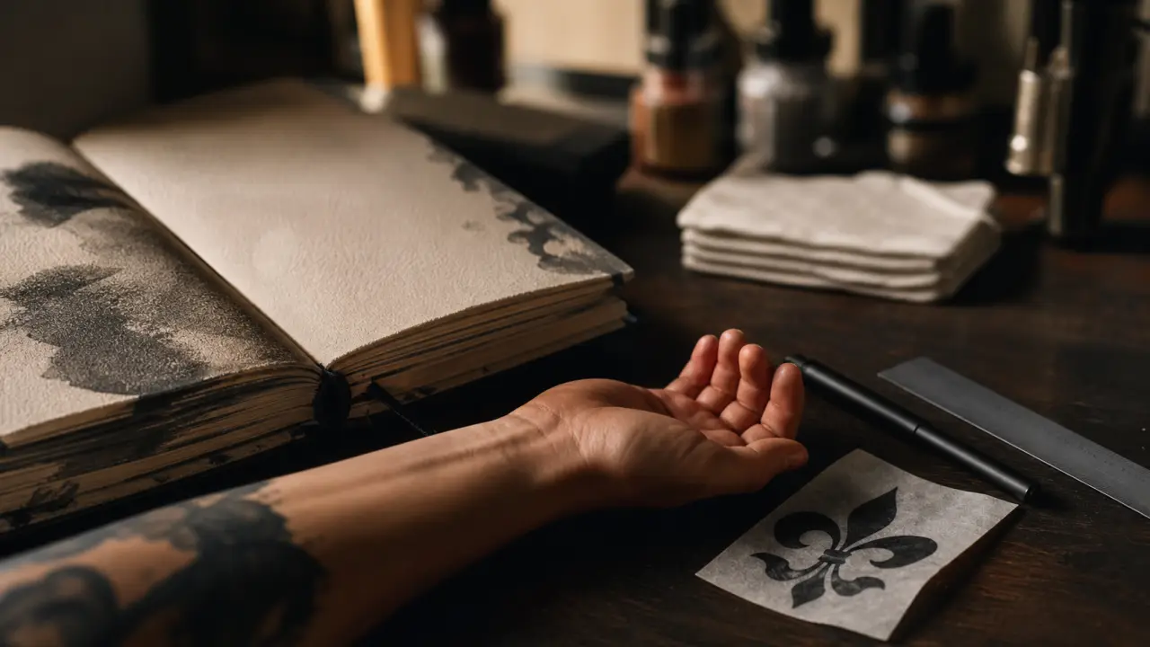 Tatouage fleur de lys : pochoir noir sur peau en atelier