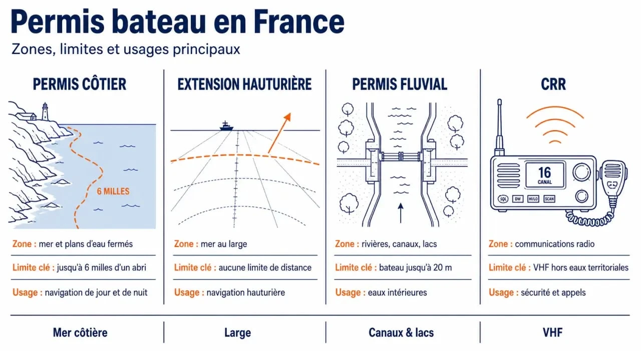 Les différents permis bateau en France dans une infographie comparative des zones, limites et usages