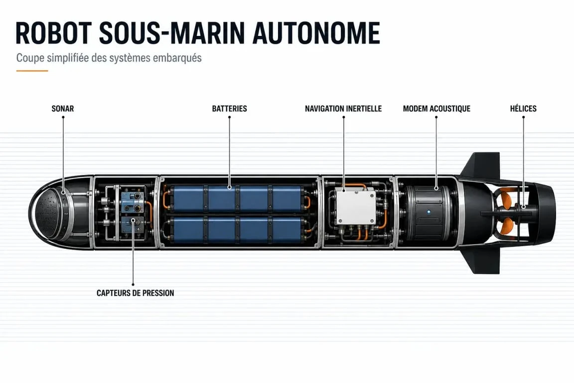 Schéma d’un robot sous-marin autonome avec batteries, sonar, capteurs et propulsion