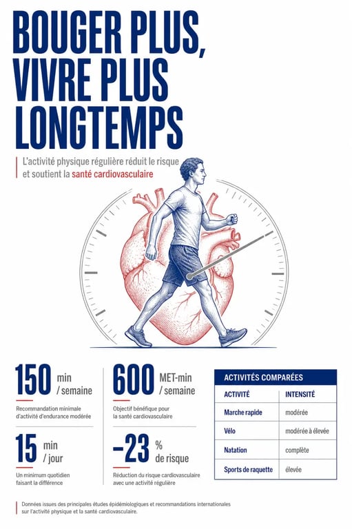 Comment le sport régulier améliore votre espérance de vie : visuel santé avec 150 minutes par semaine, 600 MET-min et bénéfices cardiovasculaires