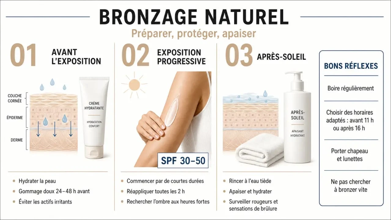 Comment bronzer naturellement : infographie des étapes pour préparer, s’exposer et protéger sa peau