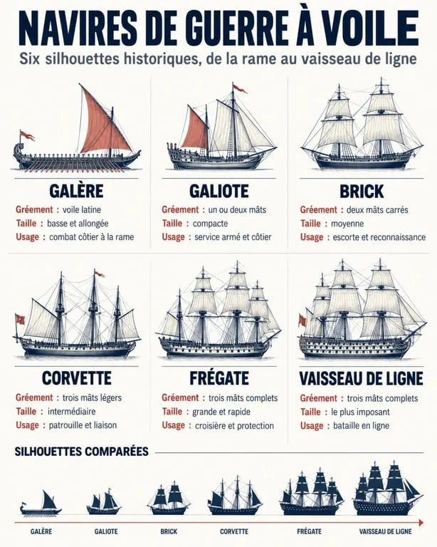 Infographie des types d’ancien navire de guerre à voile : galère, brick, frégate et vaisseau de ligne