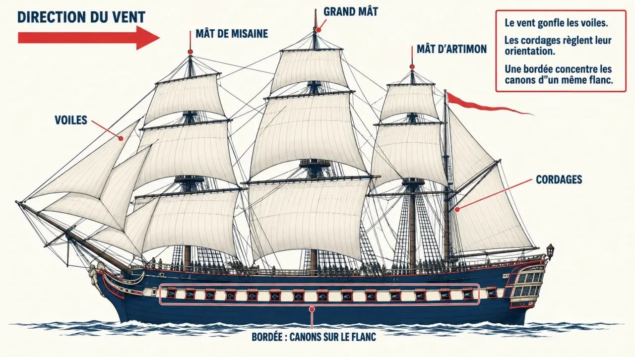 Schéma du gréement et de la bordée d’un ancien navire de guerre à voile