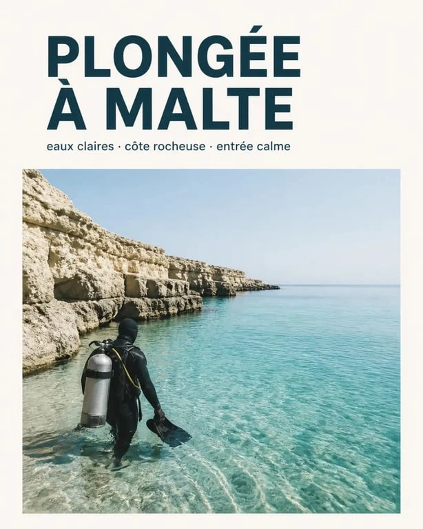 Malte plongée sur une côte rocheuse avec un plongeur entrant dans une eau turquoise