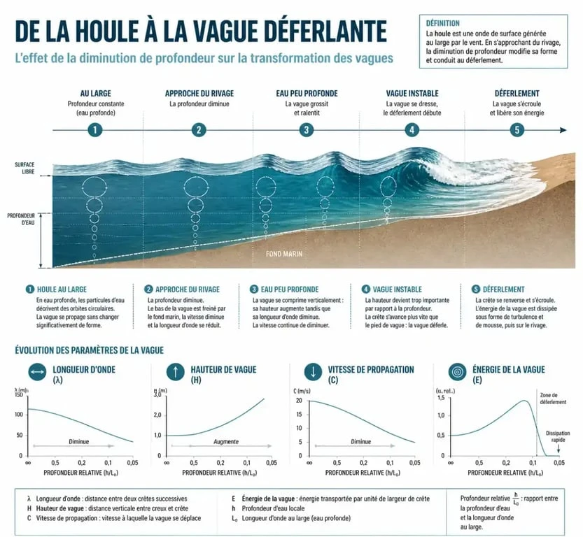 Processus de déferlement des vagues sur la côte