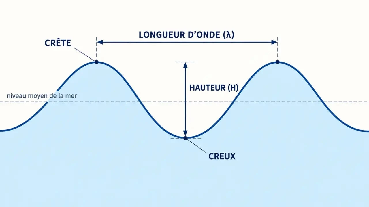 Schéma explicatif de l'anatomie d'une vague pour comprendre comment se forment les vagues