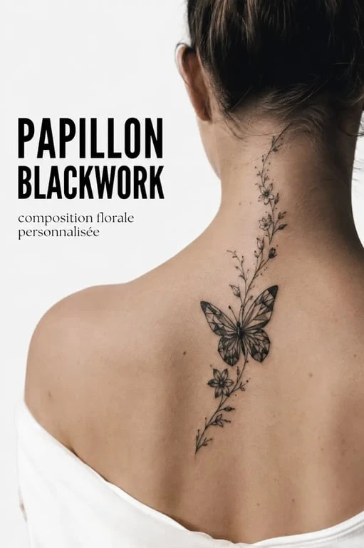 Tatouage papillon blackwork personnalisé sur la nuque, inspiration tatouage papillon