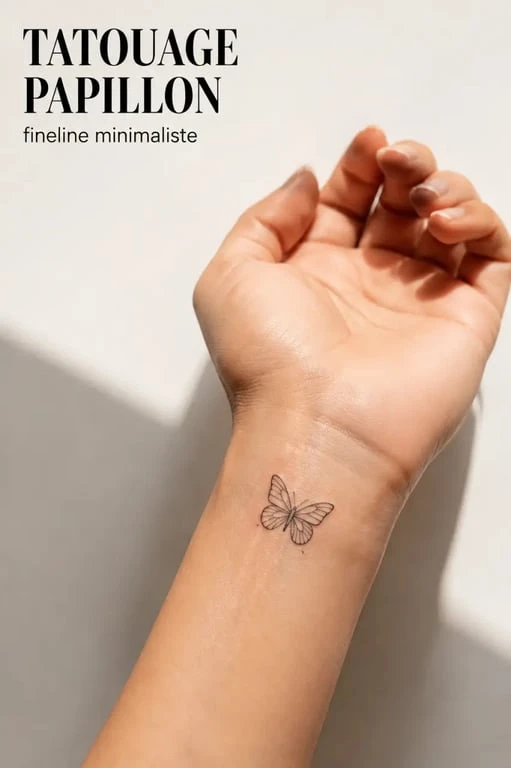 Tatouage papillon fineline minimaliste sur le poignet, idée de tatouage papillon