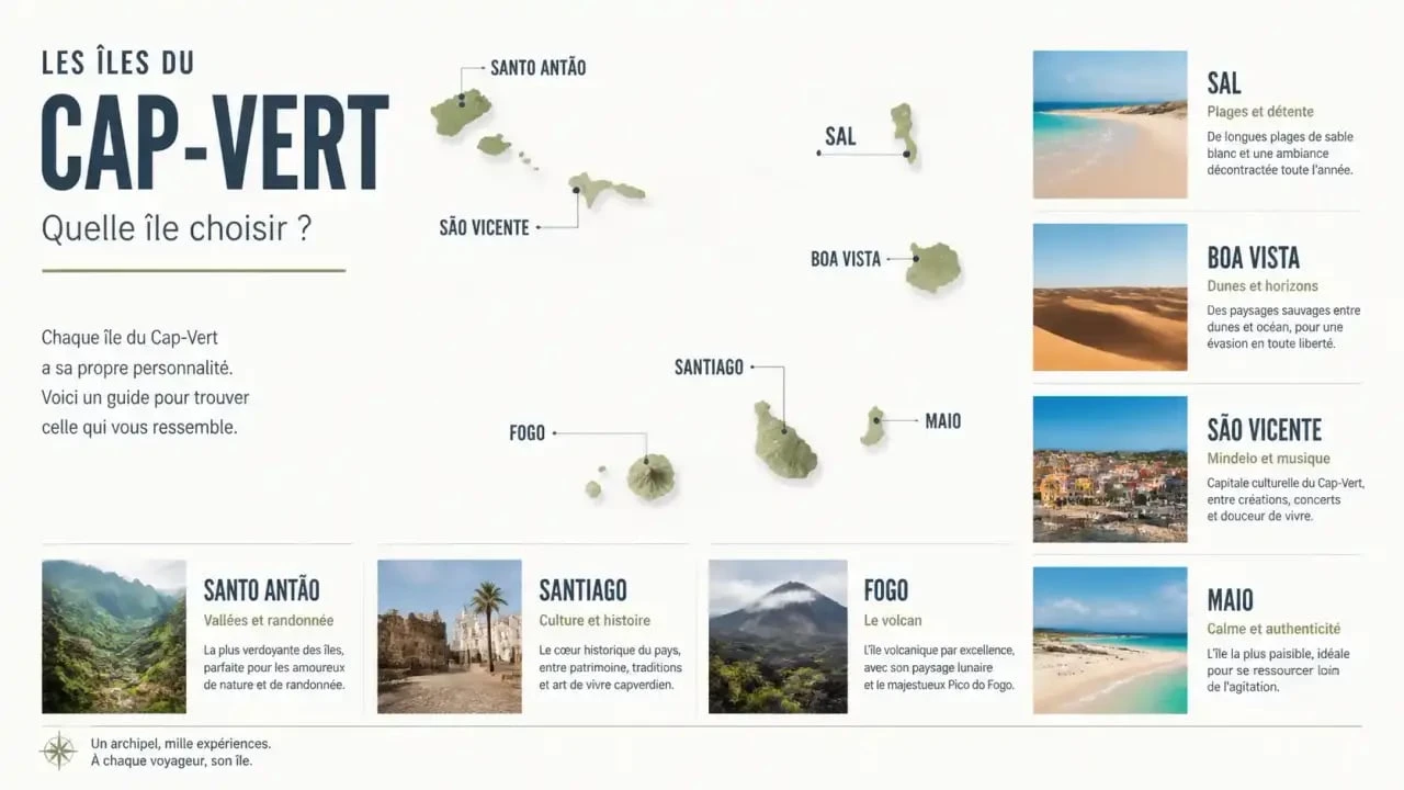 Infographie pour choisir quelle île du Cap-Vert selon la plage, la randonnée, la culture ou le volcan
