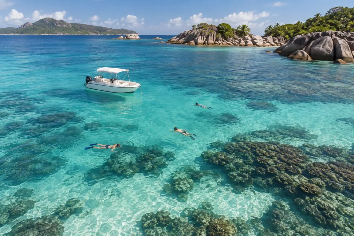 Sortie mer en bateau pour faire du snorkeling autour de l'île Cocos aux Seychelles