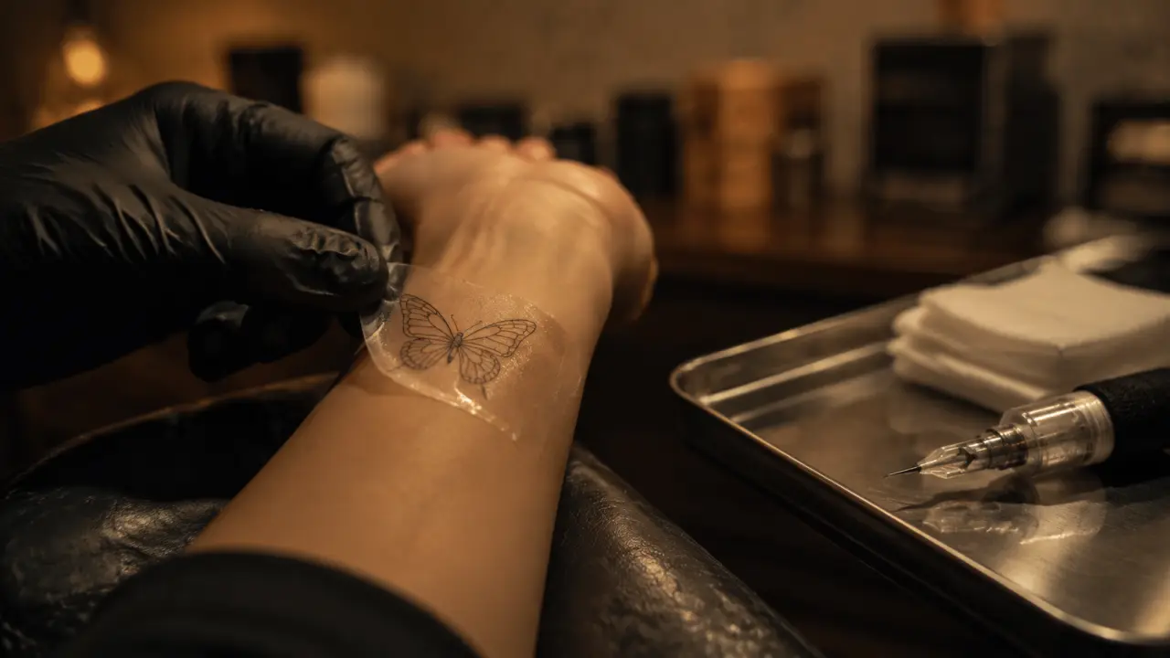 Tatouage papillon fineline : stencil sur peau, studio de tatouage