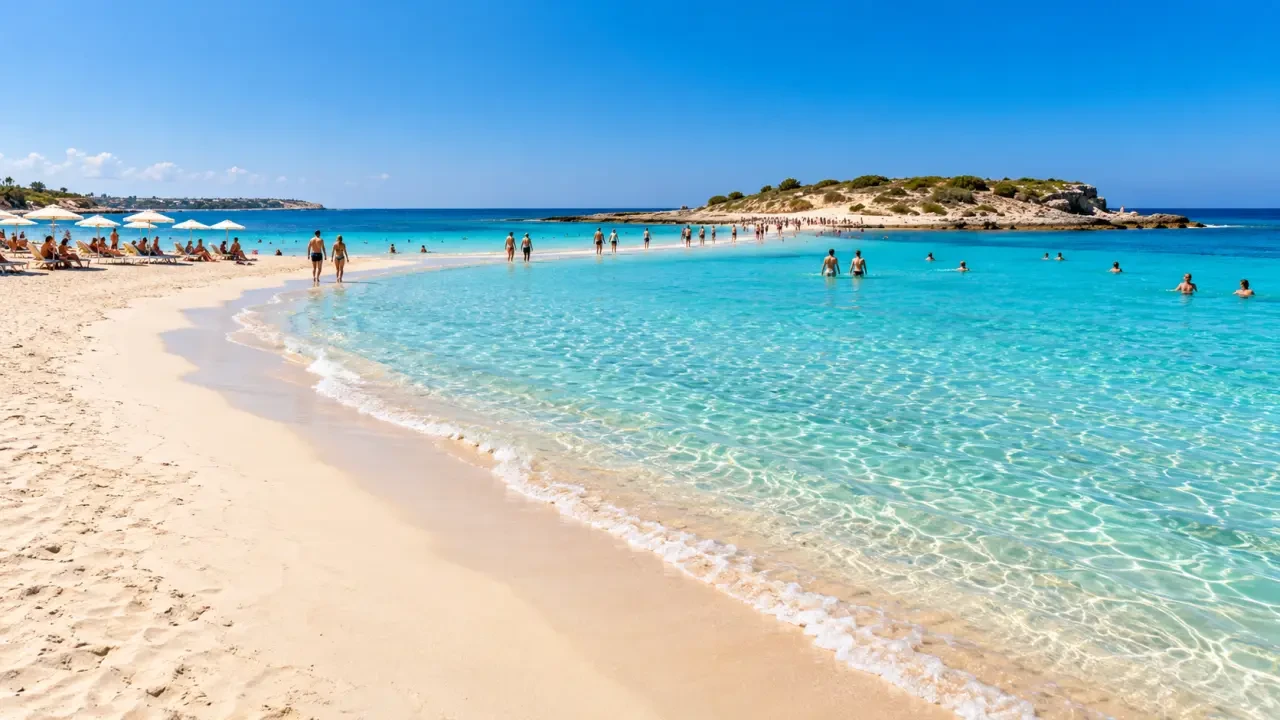Chypre plage : Nissi Beach à Ayia Napa avec son eau turquoise et son îlot